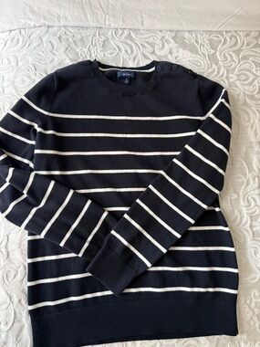 Nautica Men's Navy and White Striped Crewneck Sweater with Shoulder Buttons